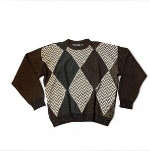 Vintage le Collezioni Structure Argyle Knit Sweater Brown/Grey Wool Blend Size L
